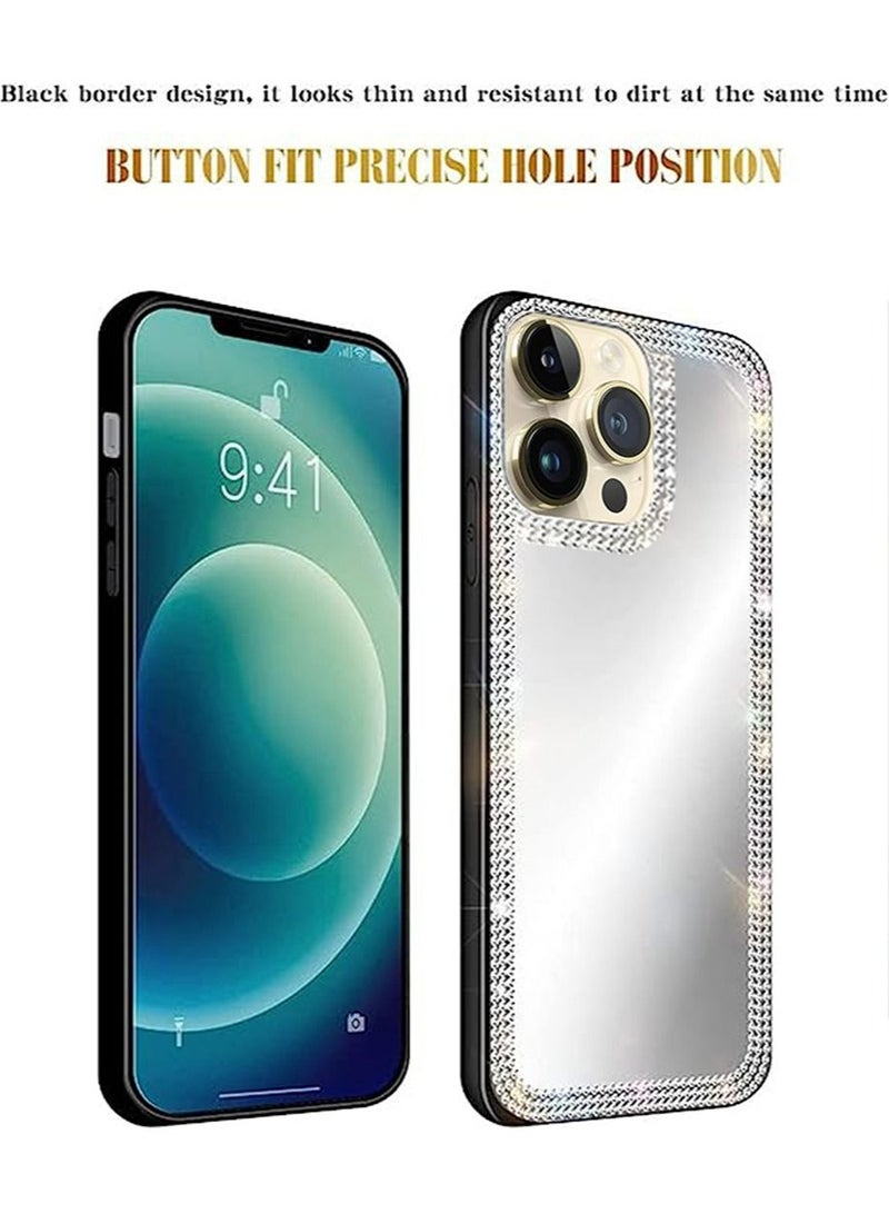 iPhone 14 Pro Mirror Case for Women with Bling Rhinestone, Stick on Mirror for Phone Back Cover Luxury Shiny Crystal Protective Accessories for Outdoor Makeup for Girl(Glitter Diamond) - Image 3