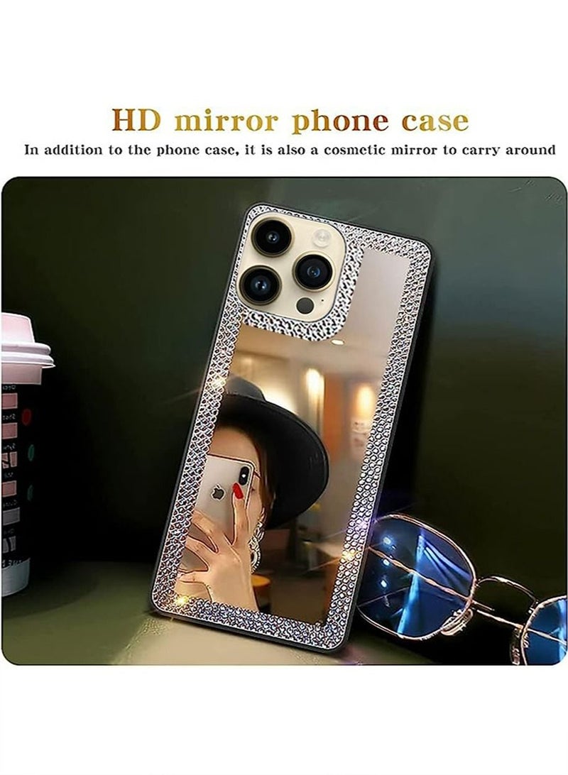 iPhone 14 Pro Mirror Case for Women with Bling Rhinestone, Stick on Mirror for Phone Back Cover Luxury Shiny Crystal Protective Accessories for Outdoor Makeup for Girl(Glitter Diamond) - Image 2
