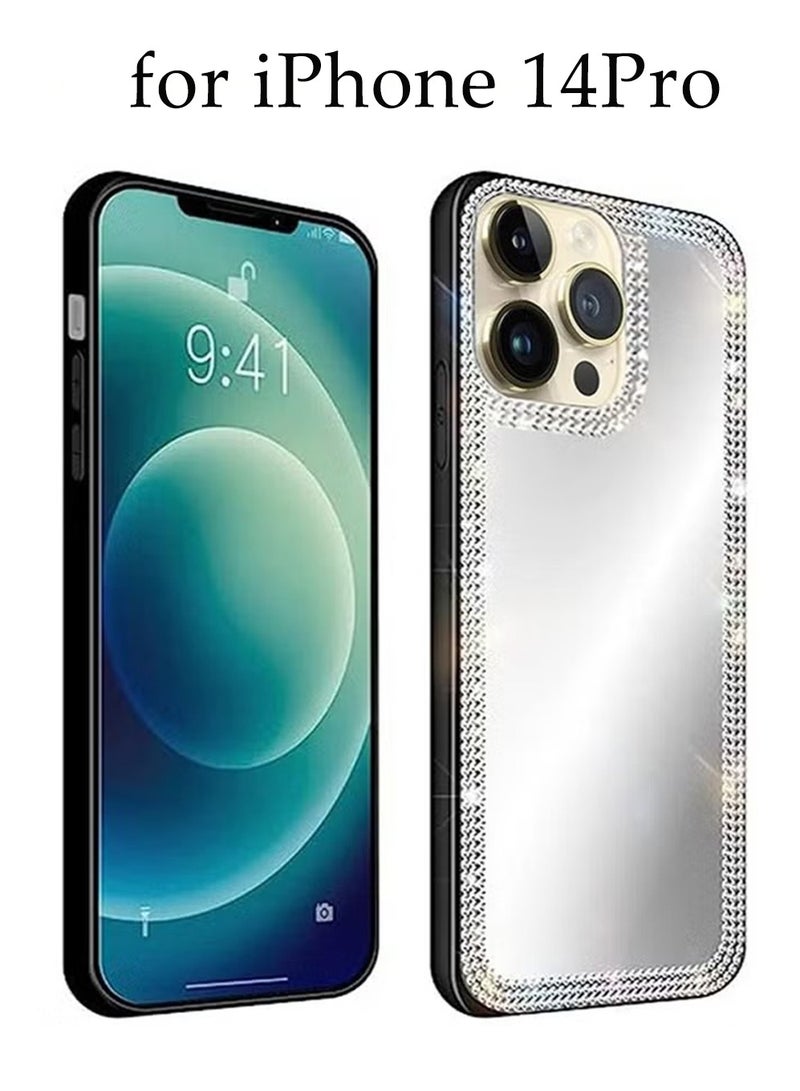 iPhone 14 Pro Mirror Case for Women with Bling Rhinestone, Stick on Mirror for Phone Back Cover Luxury Shiny Crystal Protective Accessories for Outdoor Makeup for Girl(Glitter Diamond) - Image 1