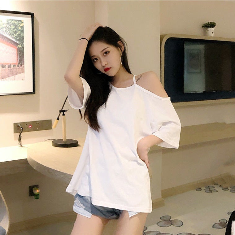 Internet Celebrity T-Shirt For Women Korean Style Versatile Short Sleeve Trendy Loose Off-Shoulder T-Shirt For Women - Image 3