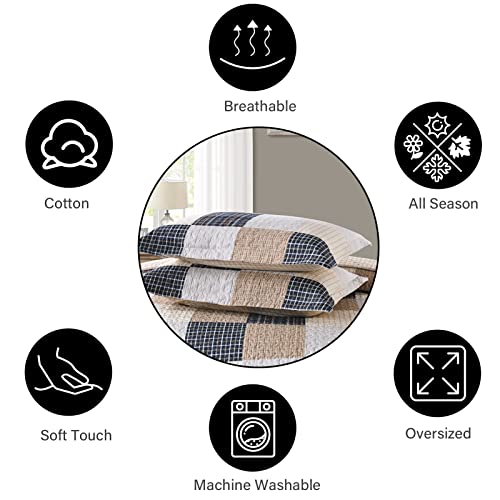 PANGUSHAN Quilts Set Queen Size,100% Cotton Quilt,Patchwork Plaid Queen Quilt Bedding Set Bedspread,Farmhouse Rustic Lightweight Comforter for Queen Bed,Cream/Brown/Blue-Black/Off-White Bed Spread - Image 5