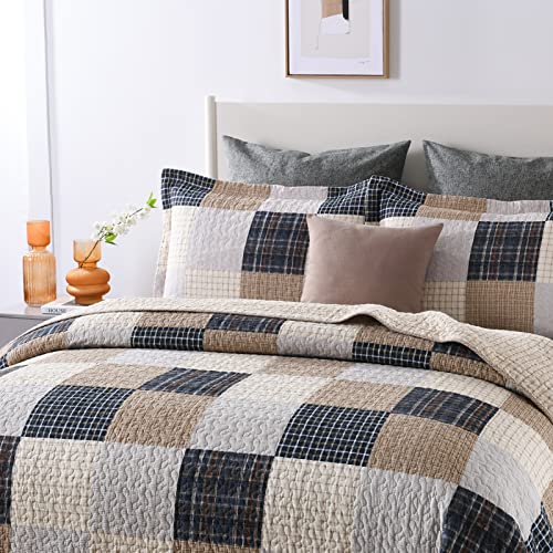 PANGUSHAN Quilts Set Queen Size,100% Cotton Quilt,Patchwork Plaid Queen Quilt Bedding Set Bedspread,Farmhouse Rustic Lightweight Comforter for Queen Bed,Cream/Brown/Blue-Black/Off-White Bed Spread - Image 2