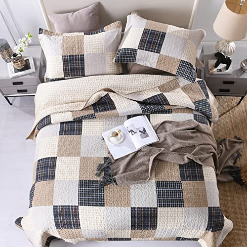 PANGUSHAN Quilts Set Queen Size,100% Cotton Quilt,Patchwork Plaid Queen Quilt Bedding Set Bedspread,Farmhouse Rustic Lightweight Comforter for Queen Bed,Cream/Brown/Blue-Black/Off-White Bed Spread - Image 4