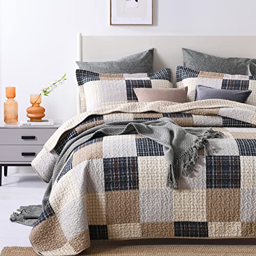 PANGUSHAN Quilts Set Queen Size,100% Cotton Quilt,Patchwork Plaid Queen Quilt Bedding Set Bedspread,Farmhouse Rustic Lightweight Comforter for Queen Bed,Cream/Brown/Blue-Black/Off-White Bed Spread - Image 3