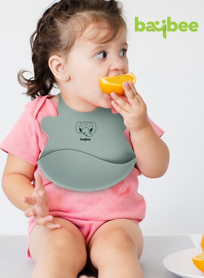 Baybee Baby Silicone Waterproof Bibs for New Born with Pocket & 6 Adjustable Neckline Buttons | Baby Feeding Bib for infants with Reusable, Easy Cleaning Bibs for Boys Girls 6 - 12 months (Green) - Image 3