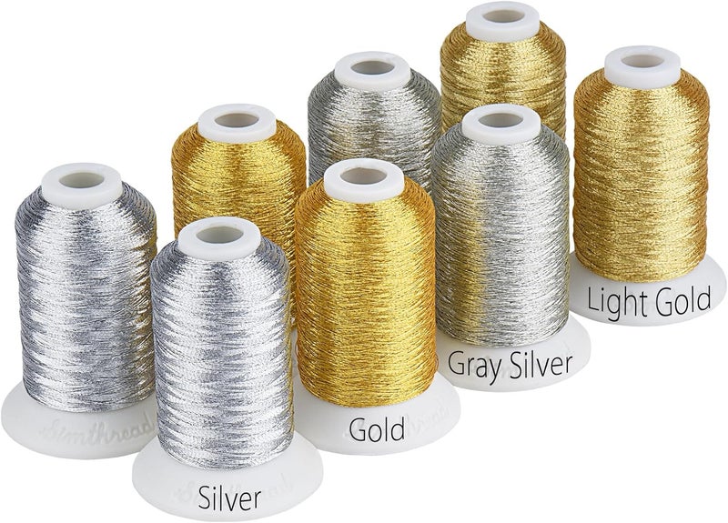 simthread 8 Spools (4 Gold+ 4 Silver Colors) Metallic Embroidery Machine Thread 500M(550Y) for Embroidery and Decorative Sewing - Image 1