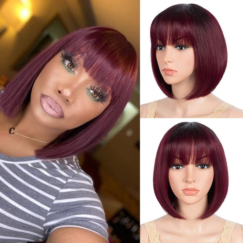 JOEDIR HAIR Bob Human Hair Wig with Bangs for Black Women Short Straight Hair 8 Inch Ombre Red Glueless Machine Made Short Bob Wigs 8 TT1B99J