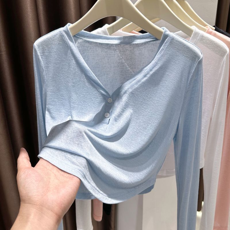 Ice Silk Knitted Sunscreen Blouse Long-sleeved T-shirt Womens Summer Snowflake Cotton Base Shirt Thin Pure V-neck Short Top black - Image 2