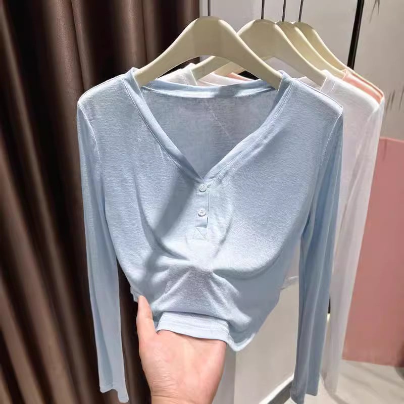 Ice Silk Knitted Sunscreen Blouse Long-sleeved T-shirt Womens Summer Snowflake Cotton Base Shirt Thin Pure V-neck Short Top black - Image 5