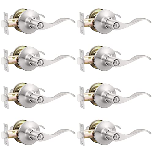 GOBEKOR 8 Pack Brushed Nickel Privacy Door Levers Bedroom Bathroom Door Handles Keyless Interior Door Handles with Lock Bedroom Door Handles Hardware - Image 1
