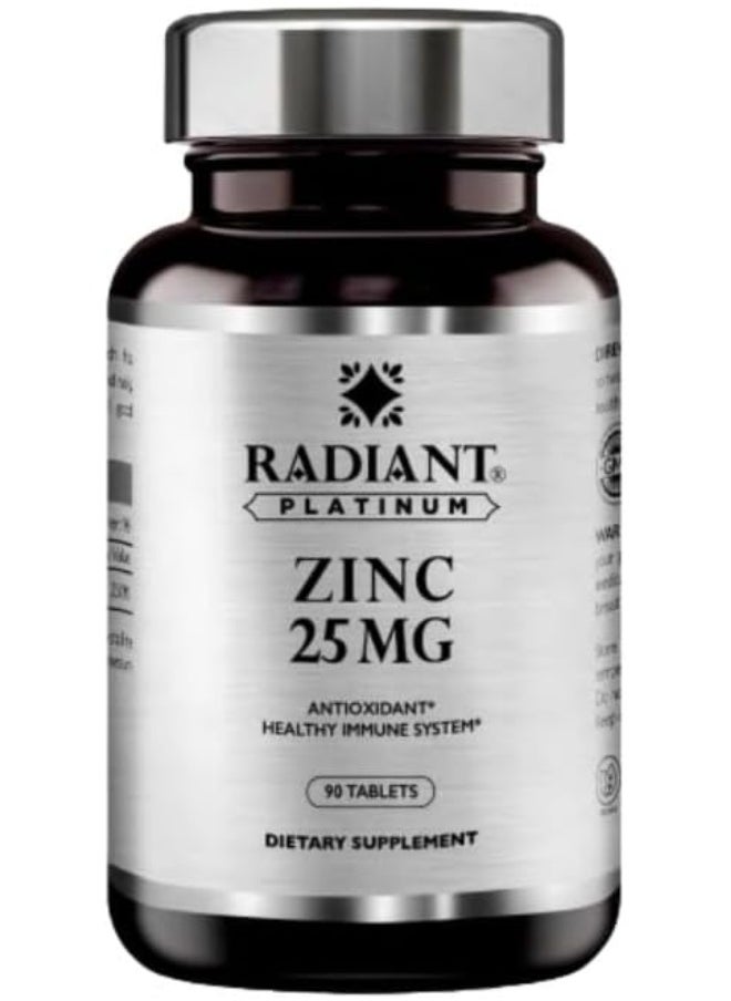 Radiant Platinum - Zinc 25 Mg For Healthy Immune Function Antioxidant Support Maintains Healthy Hair, Skin And Nails Vegan Sugar Free 90 Tablets - Image 1