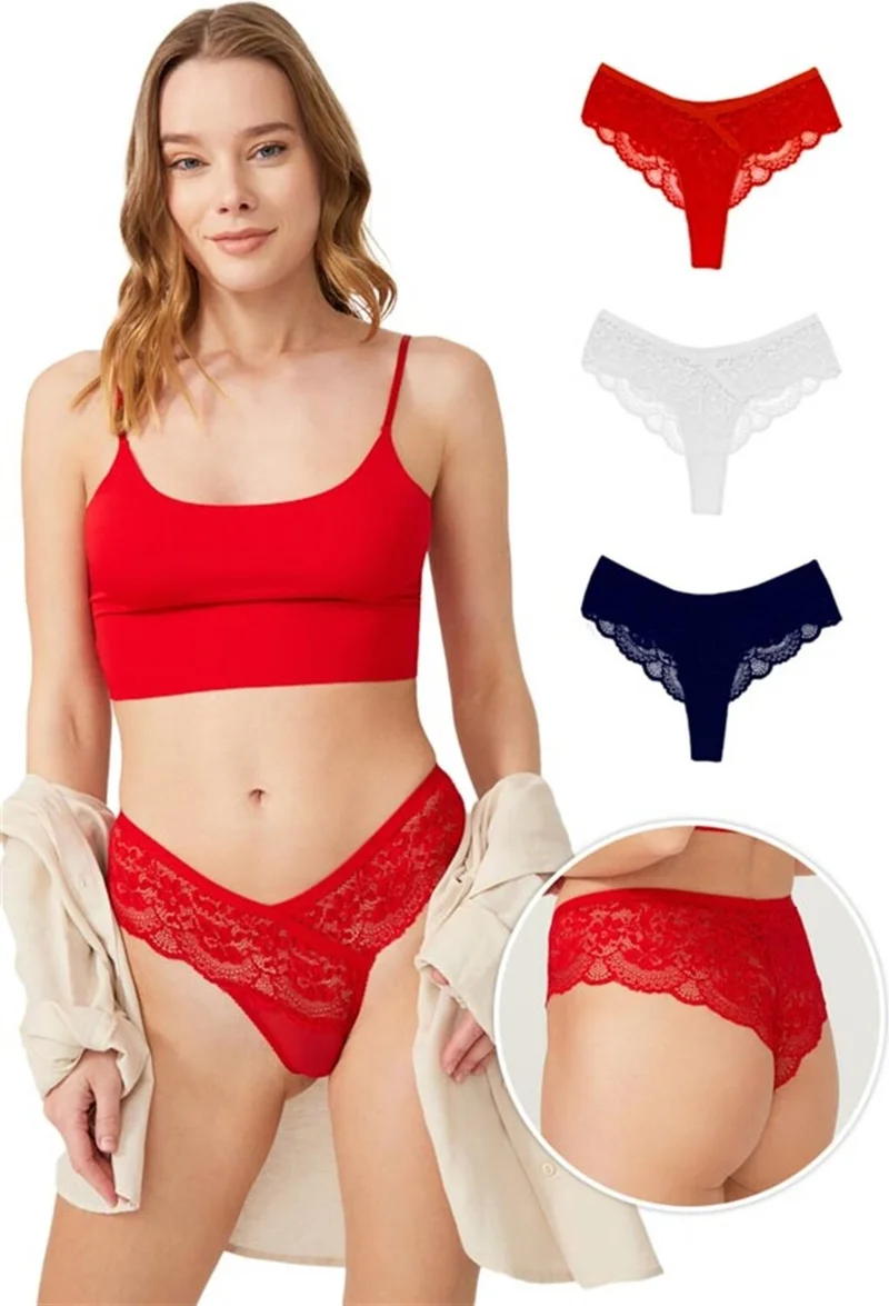COTTONHILL Lace Transparent Women's Brazilian Panties 3 Pack-1