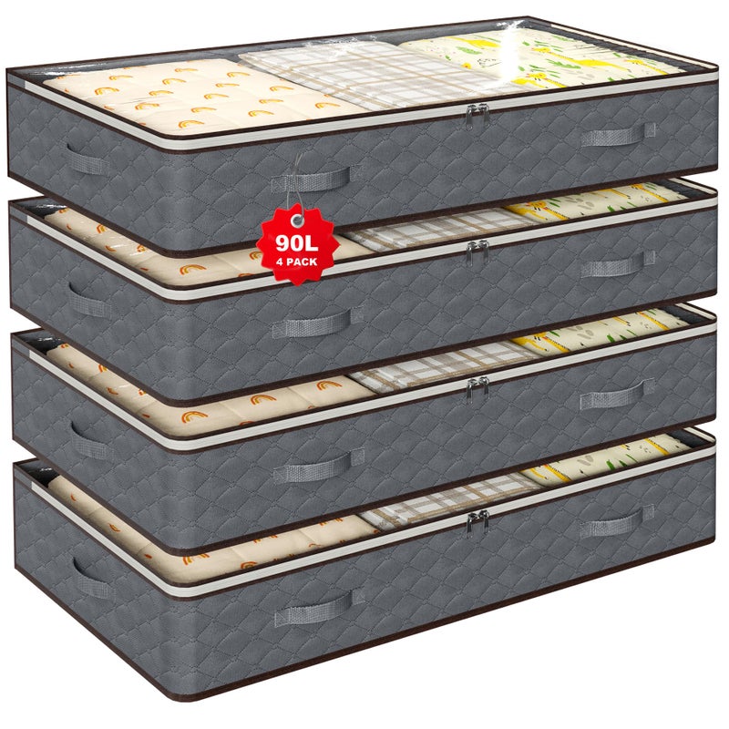 BOOMIBOO 90L Under Bed Storage Containers,4-Pack Closet Organizers and Storage Bins,for Organization and Storage Clothes, Shoes, Blankets & Pillows,Visible Transparent Top Storage Bins with Lids, Grey - Image 1