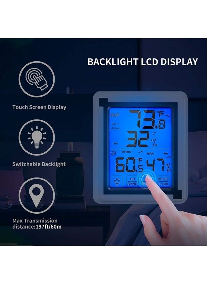 Number-One Indoor Outdoor Thermometer Humidity Monitor, Wireless Digital Hygrometer Humidity Temperature Sensor Large Touchscreen Backlight, Humidity Gauge Meter Cold Resistant Weatherproof 