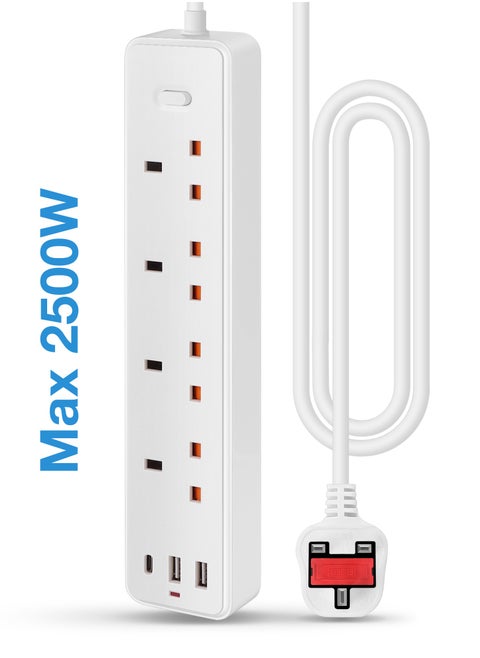 Power Strip with 2 USB 1 Type-c Ports Extension Cord Socket Network Filter AC Outlet 2500W Electrical Charge Adapter