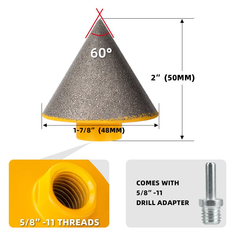TolleSonne رؤوس حفر الماس المائل لتوسيع وتشكيل وتقليم الثقوب الموجودة في البلاط والرخام والزجاج والجرانيت والسيراميك بقطر 1-7/8" (48 مم) مع محول خيط 5/8-11". - Image 2