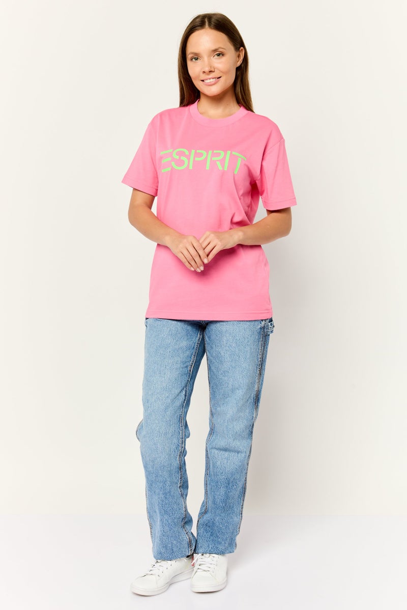ESPRIT تي شيرت نسائي بأكمام قصيرة وياقة دائرية، مطبوع برسومات، وردي - Image 2