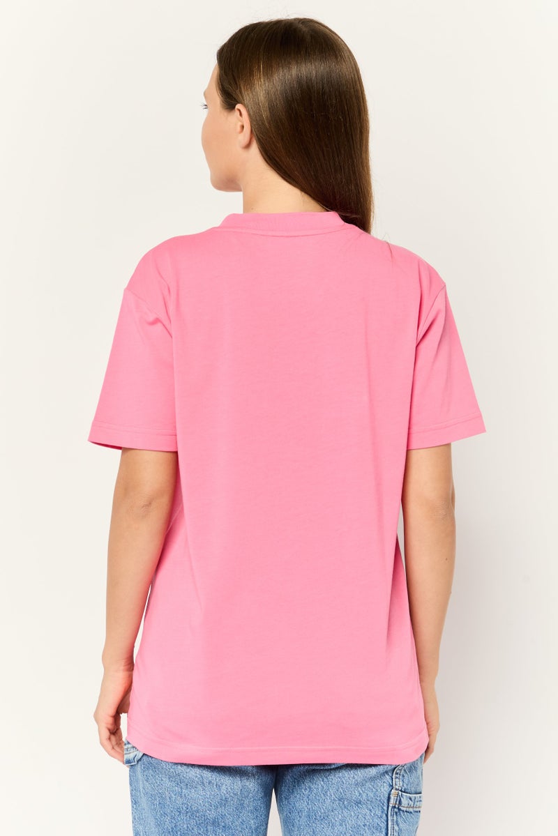 ESPRIT تي شيرت نسائي بأكمام قصيرة وياقة دائرية، مطبوع برسومات، وردي - Image 4