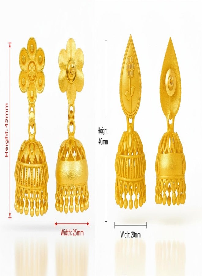 DEW MAT Meenakari Flower Big Jhumka Jhumki Earrings Combo of 2 Pairs | Gold Plated South Indian Temple Design | Matte Finish Ethnic Jewellery for Weddings & Festivals - Image 2