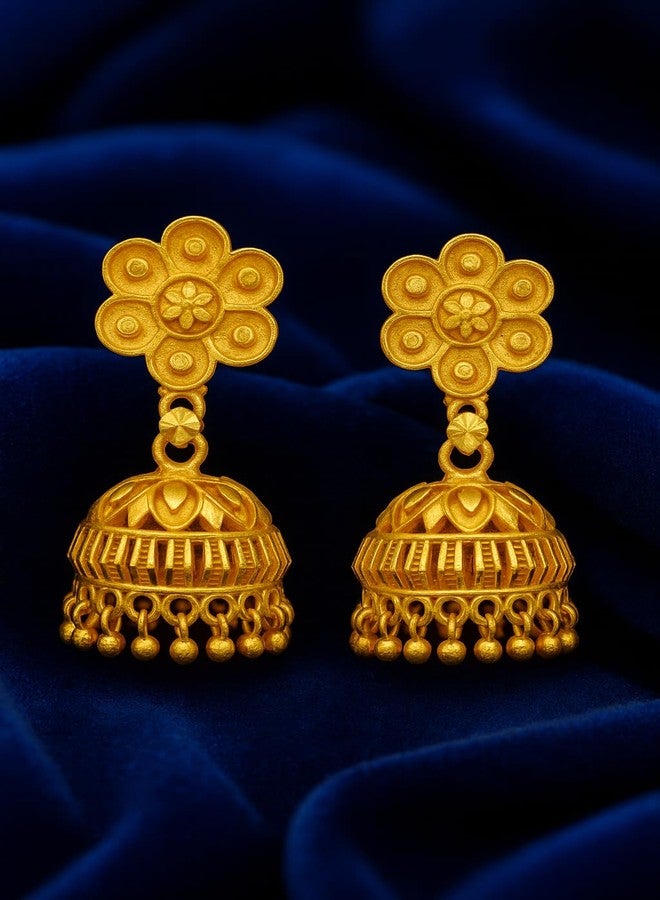 DEW MAT Meenakari Flower Big Jhumka Jhumki Earrings Combo of 2 Pairs | Gold Plated South Indian Temple Design | Matte Finish Ethnic Jewellery for Weddings & Festivals - Image 3