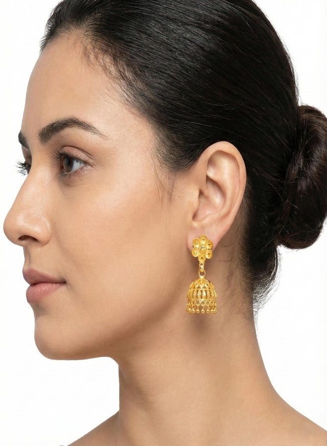 DEW MAT Meenakari Flower Big Jhumka Jhumki Earrings Combo of 2 Pairs | Gold Plated South Indian Temple Design | Matte Finish Ethnic Jewellery for Weddings & Festivals - Image 4
