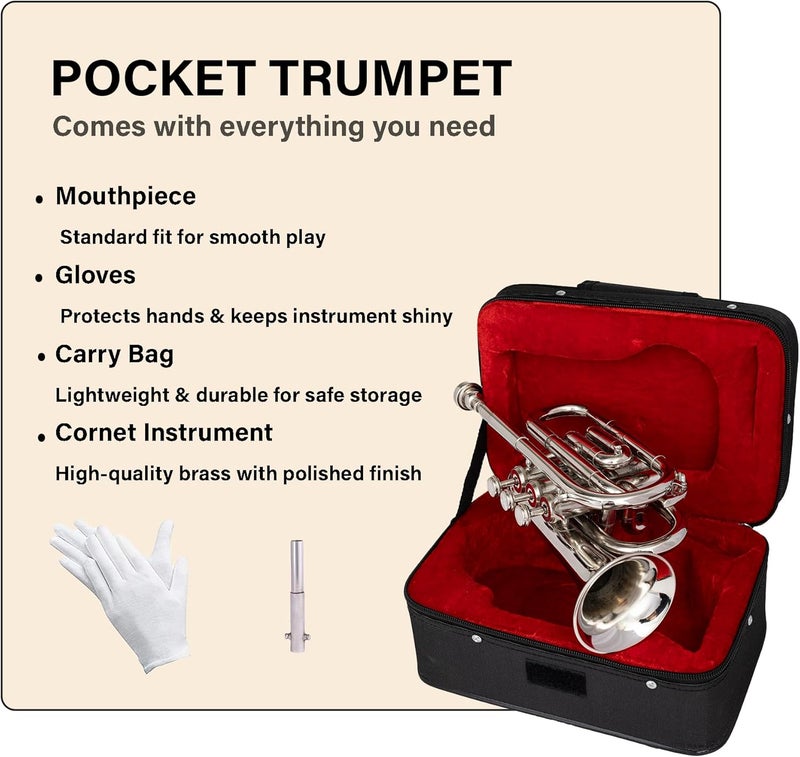 QUEENBRASS Queen Brass B-Flat Pocket Trumpet Silver Finish Compact Brass Instrument with Mouthpiece Gloves and Carrying Case for Students Beginners and Travel Friendly - Image 2