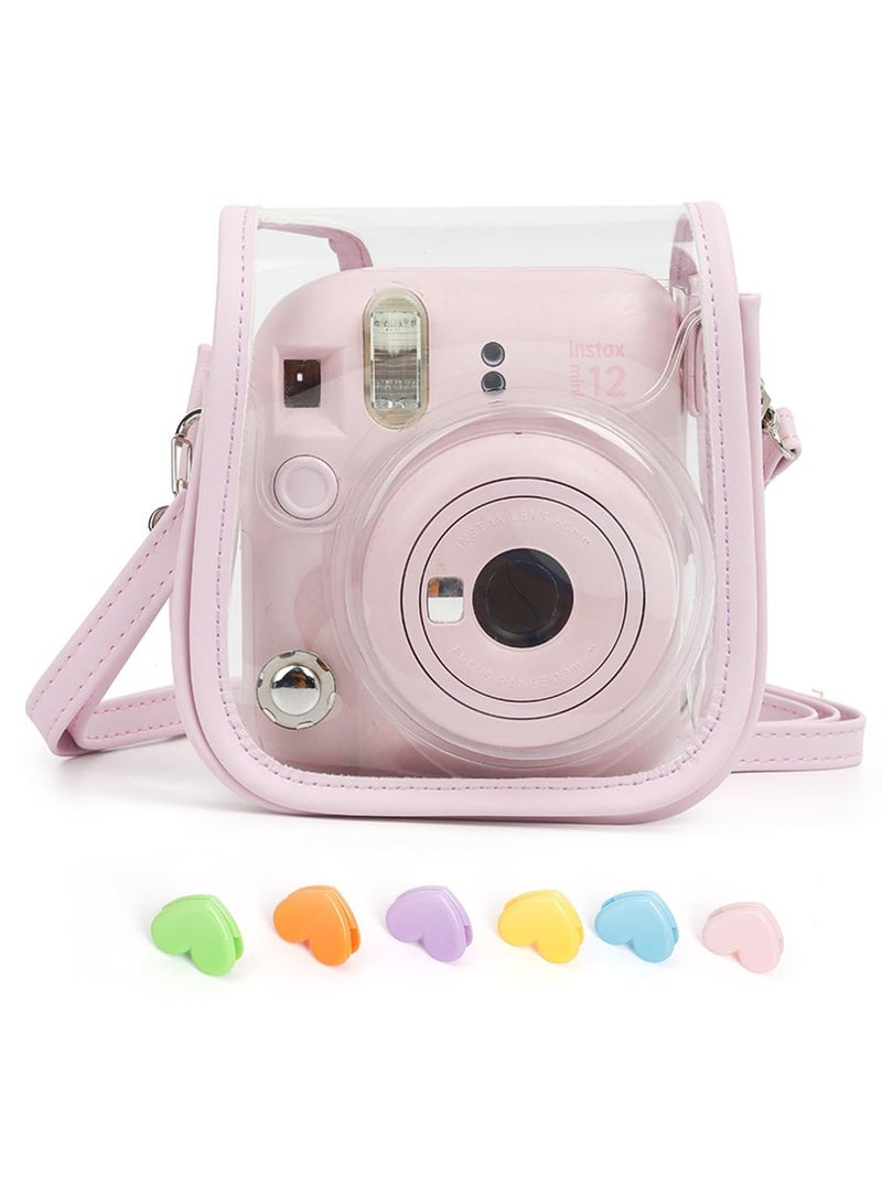 SYOSI Protective Clear Case for Fuji Instax Mini 12, Carrying Case Bag for Fujifilm Instax Mini 12 Instant Camera, PC Cover with Love-shaped Clip & Shoulder Strap (Pink) - Image 1