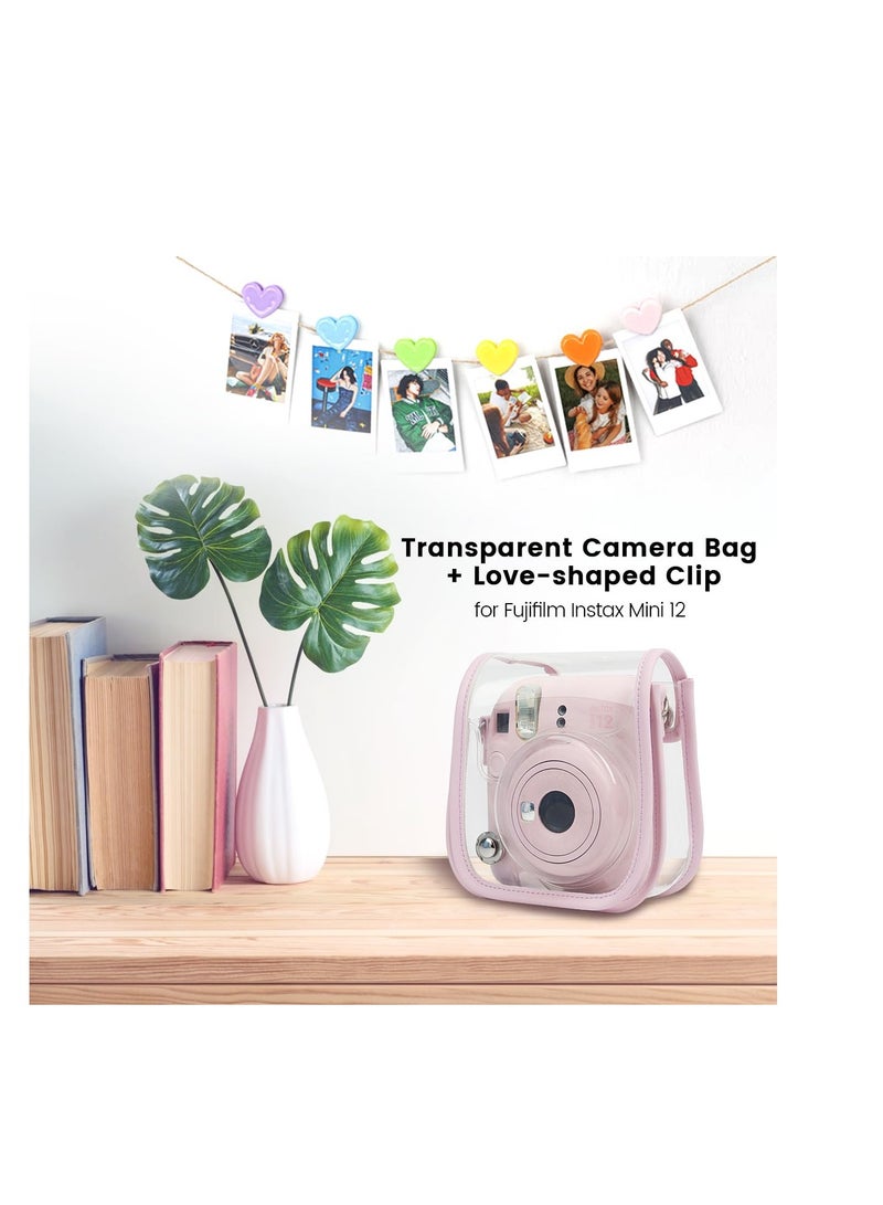 SYOSI Protective Clear Case for Fuji Instax Mini 12, Carrying Case Bag for Fujifilm Instax Mini 12 Instant Camera, PC Cover with Love-shaped Clip & Shoulder Strap (Pink) - Image 2