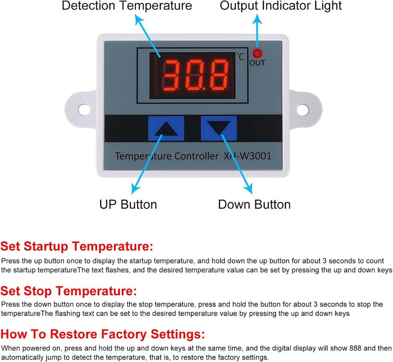 UMLIFE وحدة تحكم درجة الحرارة الرقمية LED XH-W3001 2PCS مع مستشعر مقاوم للماء ومفتاح ترموستات قابل للبرمجة للتسخين والتبريد من -50℃ إلى 110℃ (12V 10A 120W) - Image 2