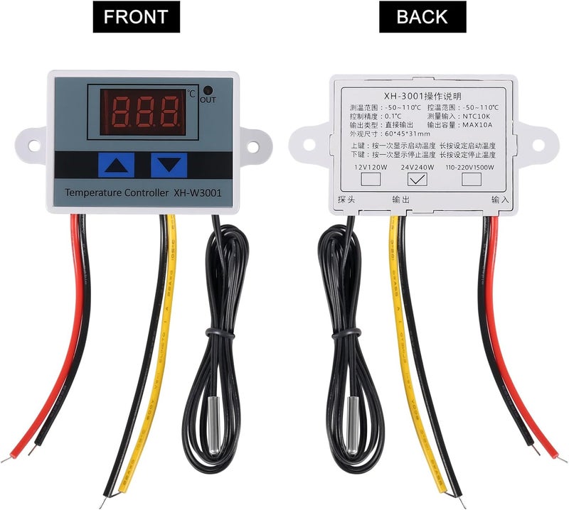 UMLIFE وحدة تحكم درجة الحرارة الرقمية LED XH-W3001 2PCS مع مستشعر مقاوم للماء ومفتاح ترموستات قابل للبرمجة للتسخين والتبريد من -50℃ إلى 110℃ (12V 10A 120W) - Image 5