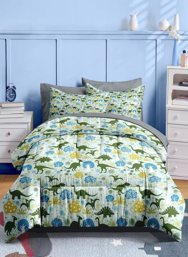 Nesker Comforter Set Twin Size, Green Dinosaur 5 Pcs Bedding for Kids Teens, Tyrannosaurus Brontosaurus Pterodactyl Bed Sheet with Pillowcase & Sham - Image 2