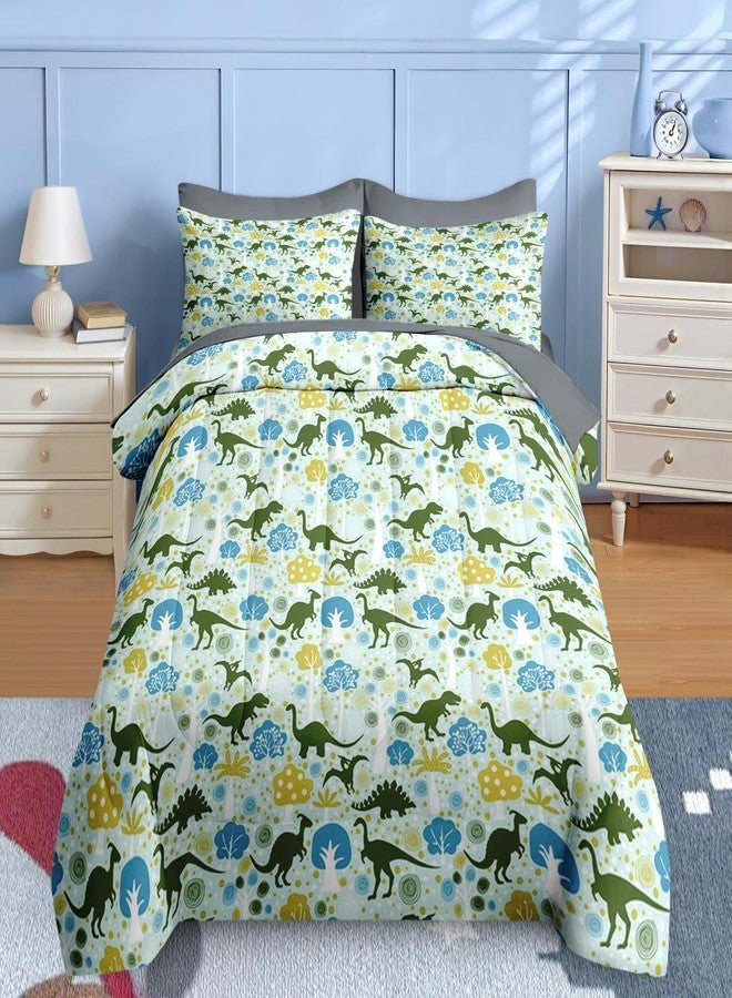 Nesker Comforter Set Twin Size, Green Dinosaur 5 Pcs Bedding for Kids Teens, Tyrannosaurus Brontosaurus Pterodactyl Bed Sheet with Pillowcase & Sham - Image 1