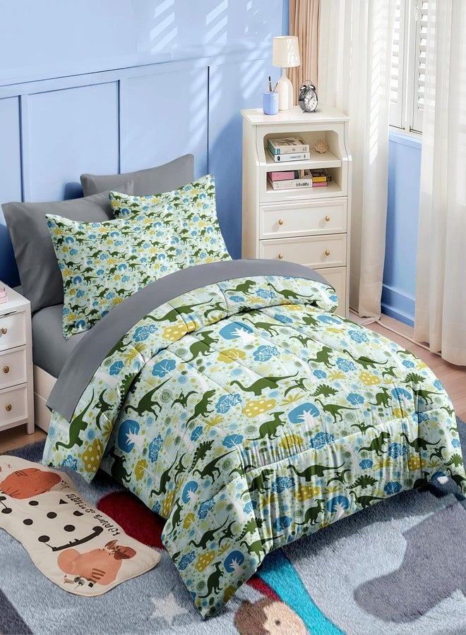 Nesker Comforter Set Twin Size, Green Dinosaur 5 Pcs Bedding for Kids Teens, Tyrannosaurus Brontosaurus Pterodactyl Bed Sheet with Pillowcase & Sham - Image 4