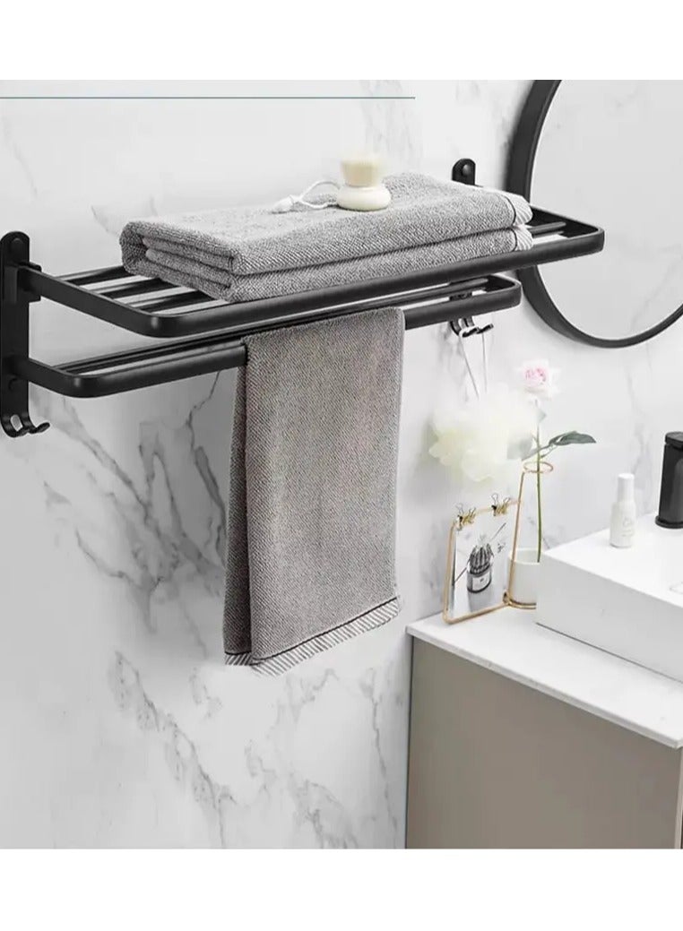 Multifunctional Foldable Bathroom Towel Rack With Hooks - Contemporary Wall-Mounted Towel Storage And Bathroom Space-Saving Organizer, Shower Storage Shelf With Foldable Design  - Image 4