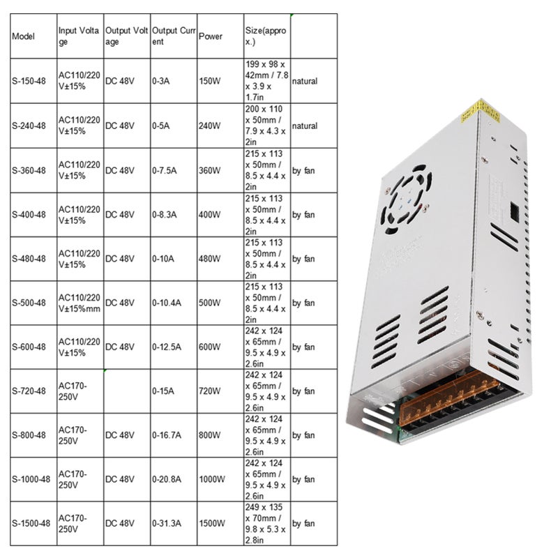 محول توصيل محرك تغذية التبديل من سبائك الألومنيوم شاشة شريطية LED 48 فولت تيار مستمر مطبعة ثلاثية الأبعاد S-480-48 (48 فولت / 10 أمبير / 480 واط) 110/220 فولت تيار متردد ± 15% - Image 3