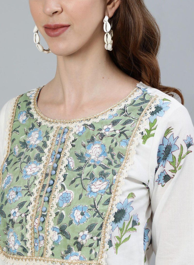ISHIN Women's White 100% Cotton Embroidered Tunic Full Length Casual Straight Fit Kurta Set  - Image 2