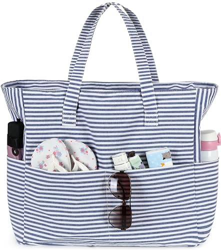 LEDAOU Large Beach Tote Bag Women Sandproof Zipper Beach Tote Bag for Pool Gym Grocery Travel with Wet Pocket - Image 1