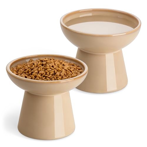 vancasso Ceramic Elevated Cat Bowls 2Pack 62 Extra Wide Raised Cat Food Water Dishes 51 Optimal Height AntiWhisker Fatigue Shallow Bowls for CatsKittensDogs Lead Cadmium Free Brown - Image 1