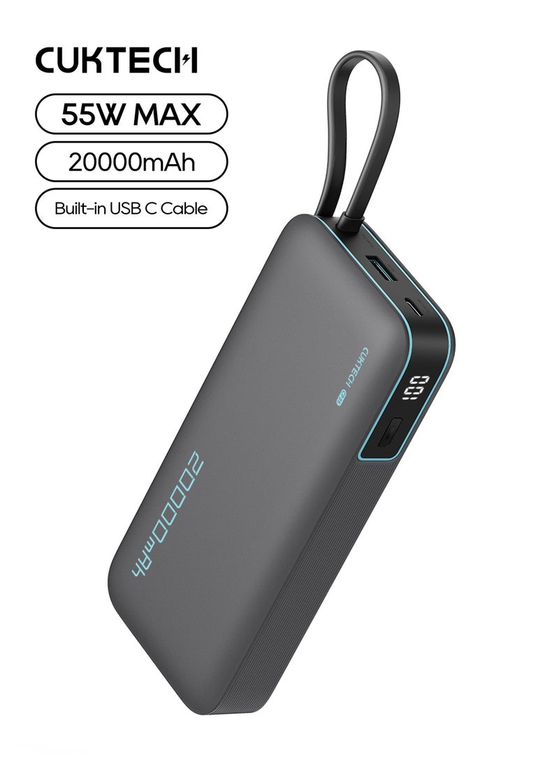 CUKTECH CP25 Power Bank, 20000mAh Portable Charger 55W MAX with Built-in USB-C Cable | Fast Charging Battery Pack For Xiaomi, iPhone, Samsung, Honor & Switch - Grey - Image 1