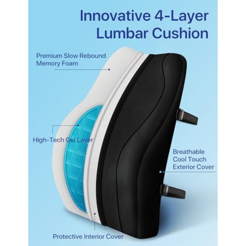 Ergonomic Lumbar Support Cushion, Gel Memory Foam Back Support for Car Seat Office Chair Gaming Chair, Backrest with Skin-friendly Cover and Dual Adjustable Straps, Black - Image 3