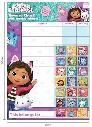 Paper Projects 01.70.30.051 Gabby's Dollhouse Everyday Reward Includes 56 Sparkly Stickers | Colourful Chart is Wipe-Clean, Mulitcoloured, 29.7cm x 42cm - Image 2