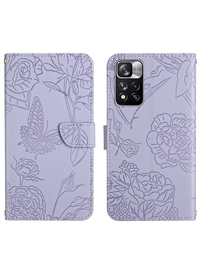 The Bros Case For Xiaomi Redmi Note 11 Pro / Poco M4 Pro 5G Skin Feel Butterfly Peony Embossed Leather Phone Case