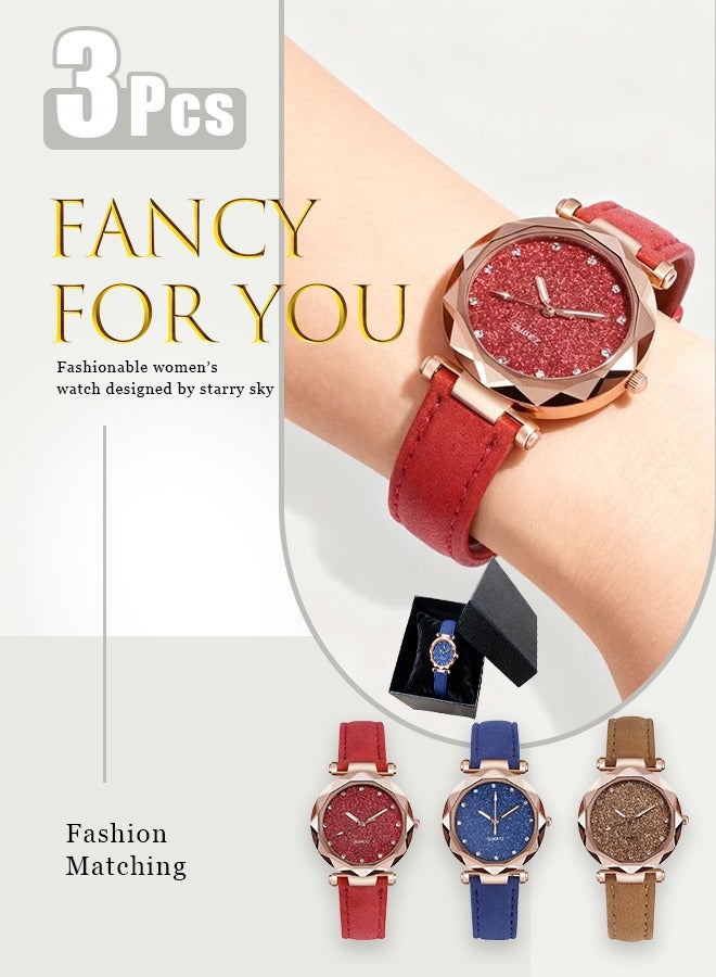 3 قطع ساعة نسائية أنيقة بتصميم سماء مرصعة بالنجوم، أنيقة وعادية، مناسبة للارتداء اليومي، وكذلك حفلات أعياد الميلاد، وحفلات الذكرى السنوية، وغيرها من المناسبات. - Image 1
