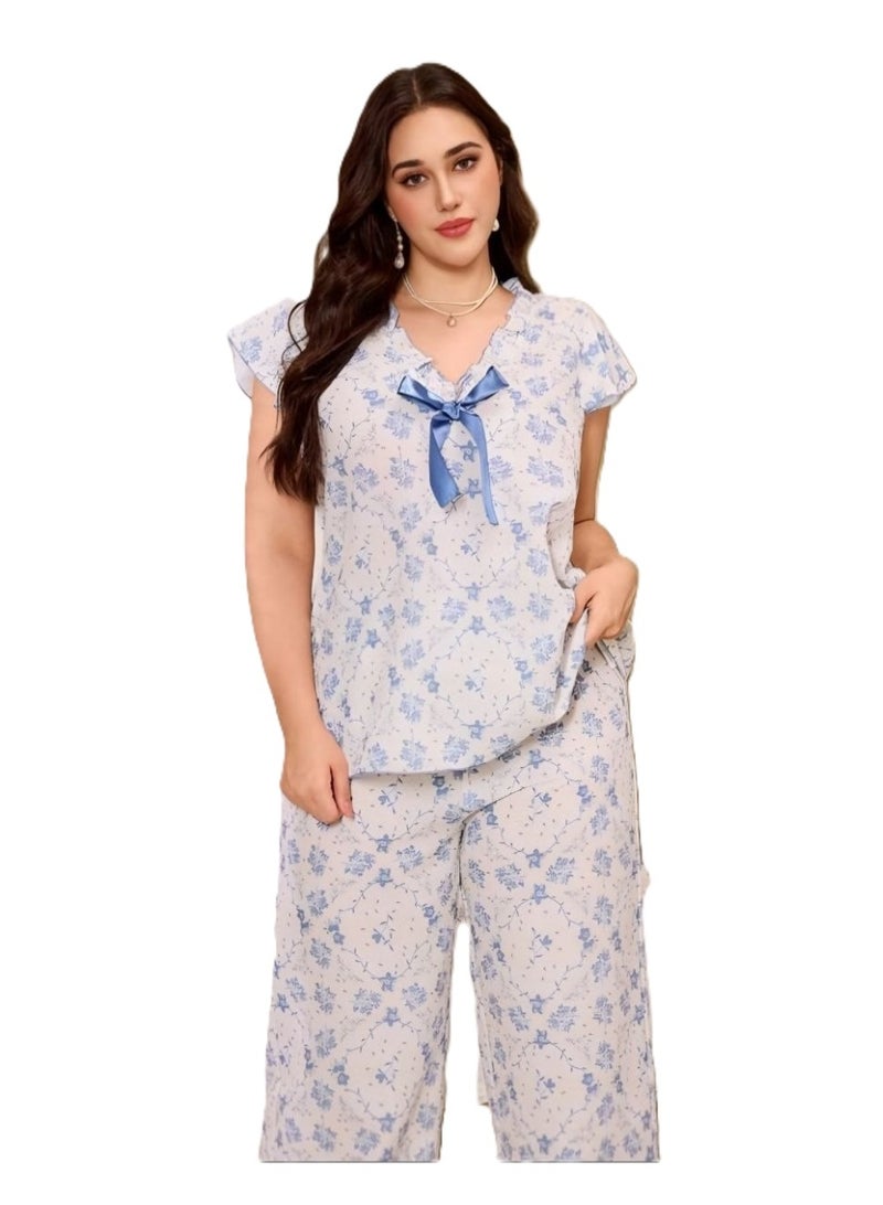 Women's Floral Print Pajama Set, Short Sleeve Top & Long Pants, Blue & White - Image 4
