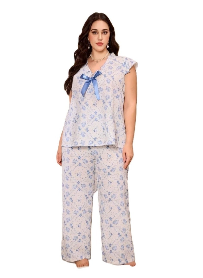 Women's Floral Print Pajama Set, Short Sleeve Top & Long Pants, Blue & White - Image 3