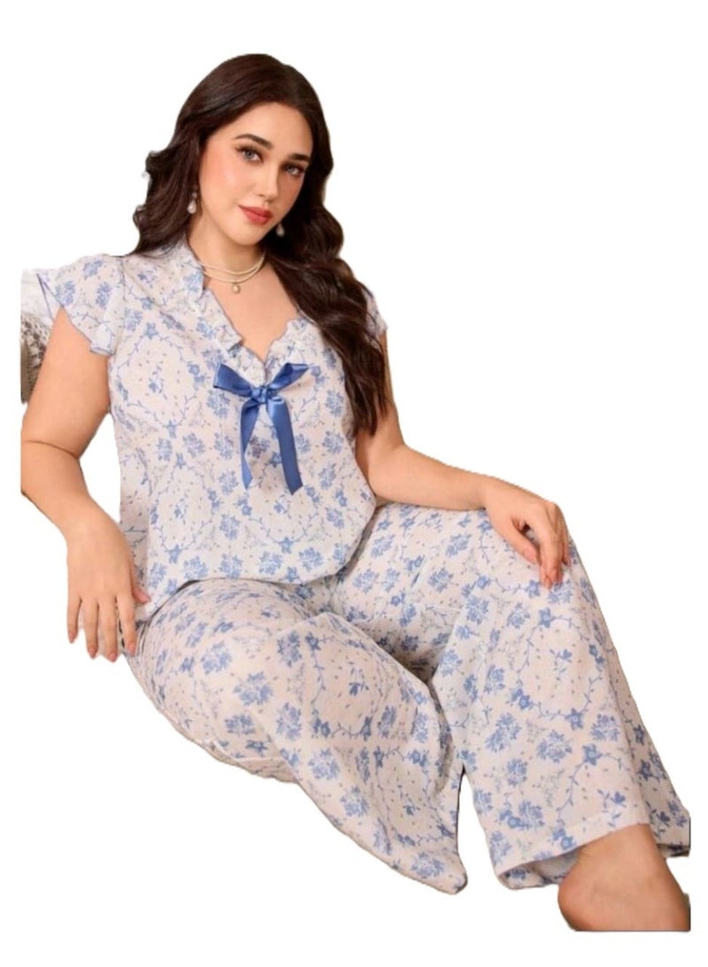 Women's Floral Print Pajama Set, Short Sleeve Top & Long Pants, Blue & White - Image 1