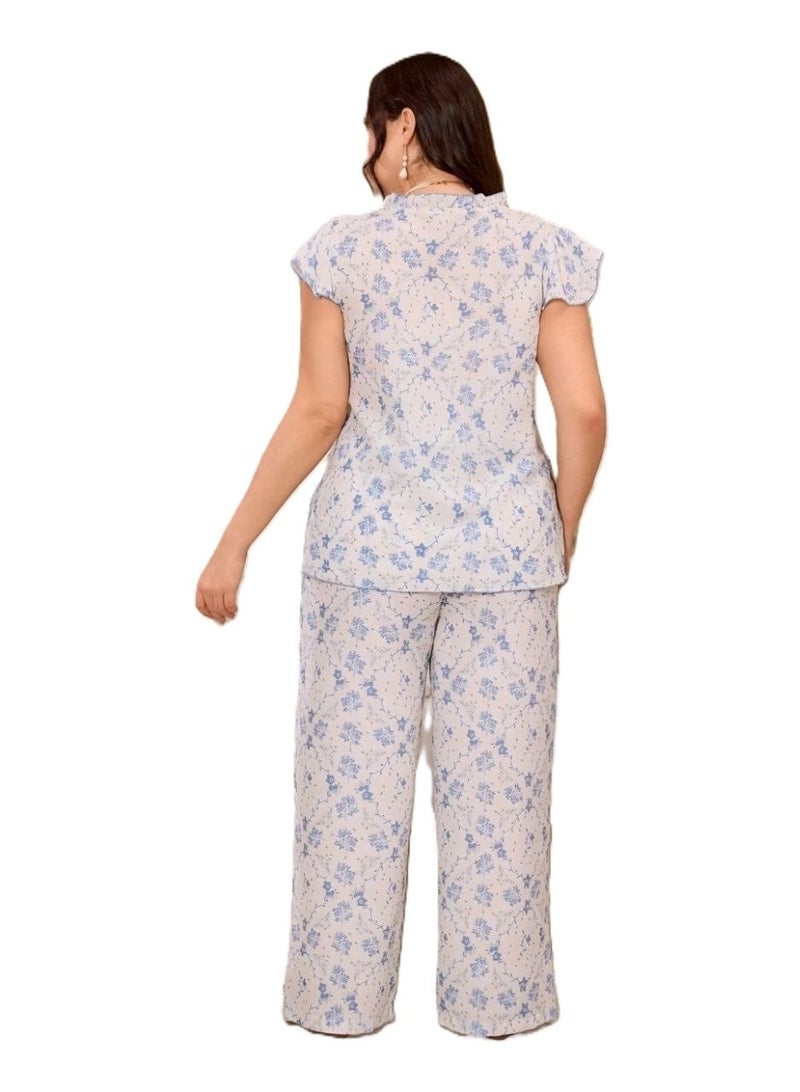 Women's Floral Print Pajama Set, Short Sleeve Top & Long Pants, Blue & White - Image 2