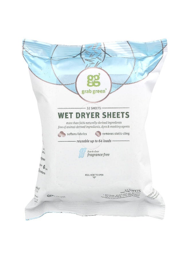 Grab Green Grab Green, Wet Dryer Sheets, Fragrance Free, 32 Sheets  - Image 1
