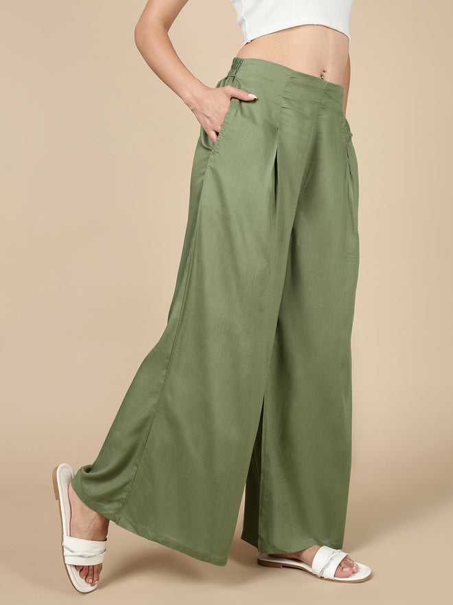De Moza Green Wide Leg Pants with Fold Pleat - Image 3