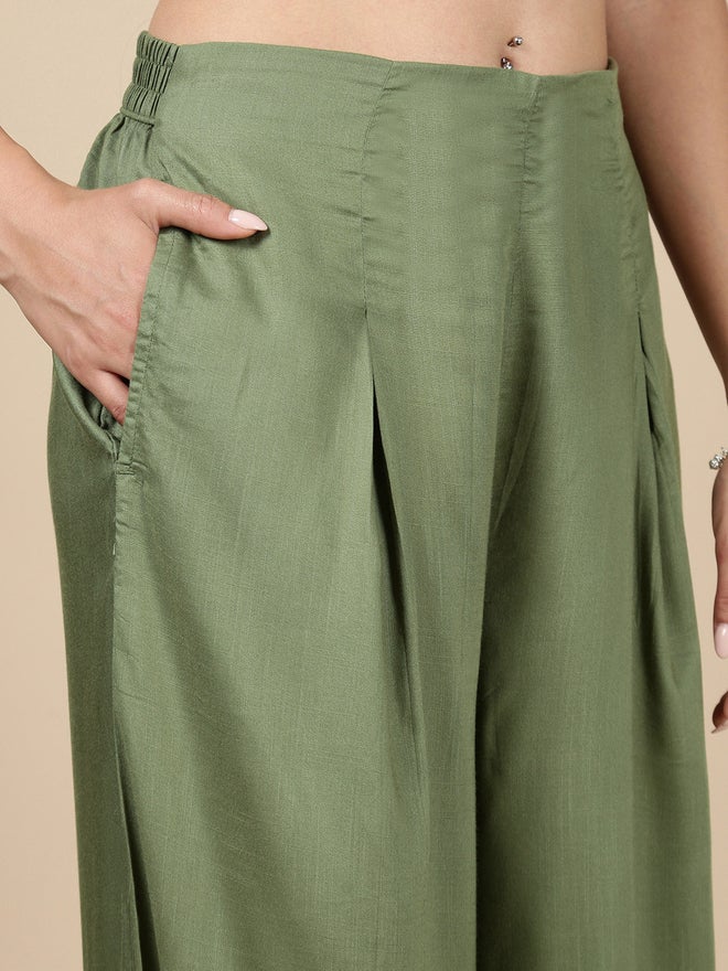 De Moza Green Wide Leg Pants with Fold Pleat - Image 5